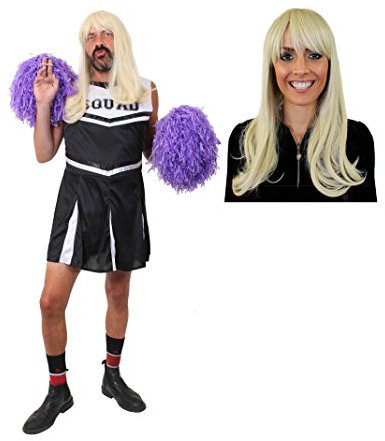 MÄNNER JUNGESELLENABSCHIED SCHWARZES CHEERLEADER KOSTÜM+PERÜCKE=LUSTIGE HERREN VERKLEIDUNG=FASCHING+KARNEVAL +SPORTVERANSTALLTUNGEN AMERIKANISCHEN ART=MIT+OHNE PUSCHEL -MEDIUM-OHNE POMPOM