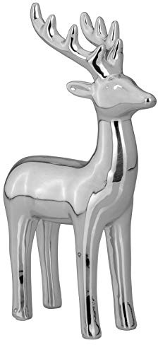 H.Bauer jun. Deko-Rentier Tierfigur aus Porzellan - silberfarbene Weihnachtsdeko, große glänzende Winterfigur zum Aufstellen, Elegante Tischdeko & Elegante Wohndeko - Höhe 20,5 cm