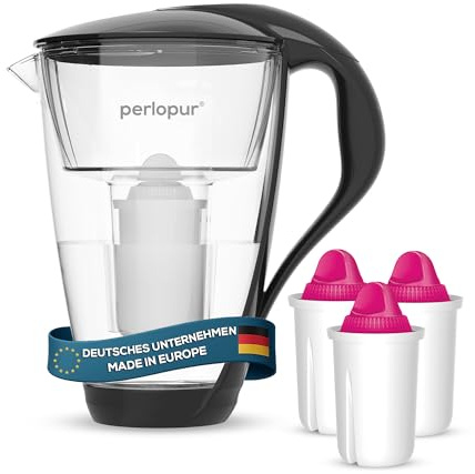 perlopur® Glas-Wasserfilter (schwarz) +3 Filterkartuschen Aquamag | Borosilikatglas, 2 l gesamt, 1 l gefiltert, LED-Anzeige, für classic Kartuschen, Magnesium-Zugabe, ideal für Kaltgetränke