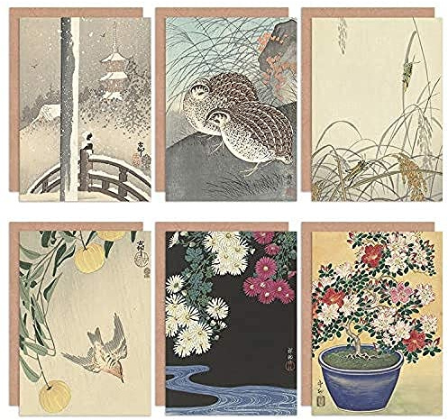 Artery8 Ohara Koson Japanese Azalea Chrysanthemums Cuckoo Grasshoppers Quail Snow Fine Art Greeting Card Pack of 6