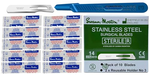 Surgical Scalpel Surgical Blades # 14 Carbon Steel Sterile Pack of 10 and Handle No 3 Perfect for wood art, Surgical, Sculpting, Repairs, Lab Anatomy, Sign, Card Making Lab Training SURGIGR14-10