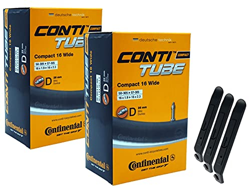 pneugo! Set 2 x Continental Fahrradschlauch 16 Zoll Blitzventil 50-305/57-305 (Compact Wide) + 3 Reifenheber