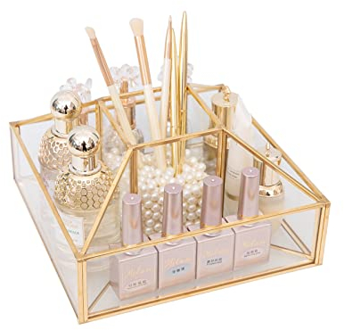 SLHEQING Organizzatore Make Up Rotante a 360°, Portapennelli Make Up Oro, Portacosmetici Organizer, Organizzatore per Cosmetici Vetro, Portarossetti per Camera da Letto Bagno