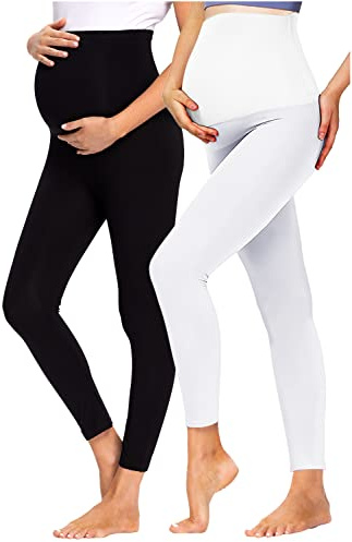 JMITHA gravidleggings, långa mammabyxor, leggings, bomull, stretch, tunna, ogenomskinliga, gravidbyxor, leggings, joggingbyxor, fritidsbyxor för gravida kvinnor, Svart + vit, S
