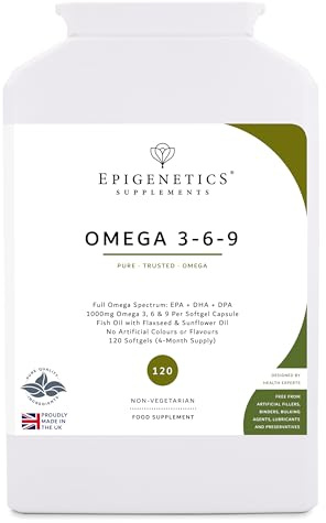 Omega 3-6-9 1000mg |High Strength EPA, DHA & DPA | Fish Oil + Flaxseed + Sunflower Seed | 120 Softgel Capsules UK Made | 1 Capsule Daily (4 Month Supply)
