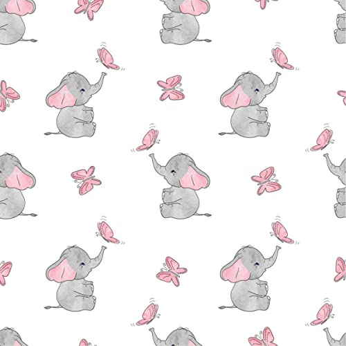 Loussiesd Süßer Elefant Outdoor-Stoff Meterware, Cartoon Kleiner Elefant Schmetterlinge Polsterstoff für Stühle, Dekostoff mit Tierdruck für Polsterung und DIY-Projekte, 92 x 150 cm, Grau Rosa