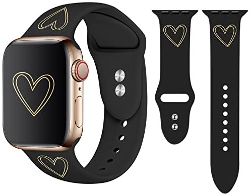 Vozehui Armband Kompatibel mit Apple Watch Armband 42mm 44mm 45mm 49mm, Weiches Silikon Gold Herz Muster Gedruckt Ersatzarmband Sportarmband für iWatch Armband Serie SE 9 8 7 6 5 4 3 2 1