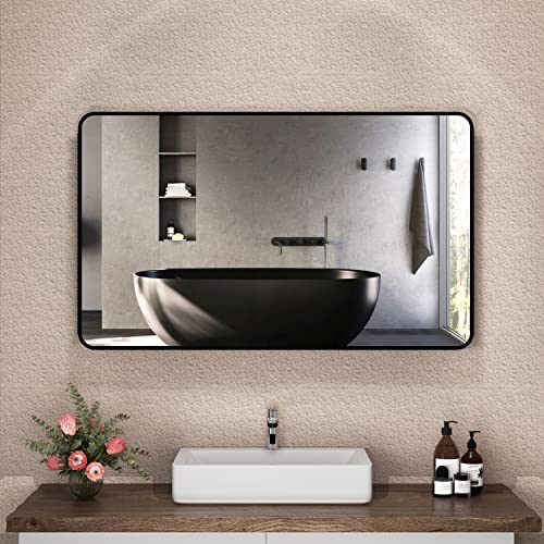 Boromal Badspiegel 100x60cm Schwarz mit Metallrahmen - Dekorativer Wandspiegel für Badezimmer, Waschräume, Schlafzimmer - Ohne LED Beleuchtung
