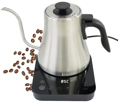 MAXWIN Hervidor de Agua con Temperatura Regulable 1 Litro,con Hervido Rápido y Hold Temp,Acero Inoxidable,Pico de Cuello de Cisne Cafetera,Pour Over Kettle & Coffee(AS-93B)