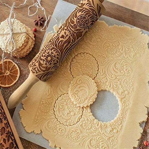 Snowflake Flower Pattern Engraved Wooden Rolling Pin, Wood Embossing Rolling Pin,Non-Stick Embossed Fondant Roller, Dough Gum Paste Roller, DIY Sugar Craft Fondant Biscuit Cake Decorating Tools