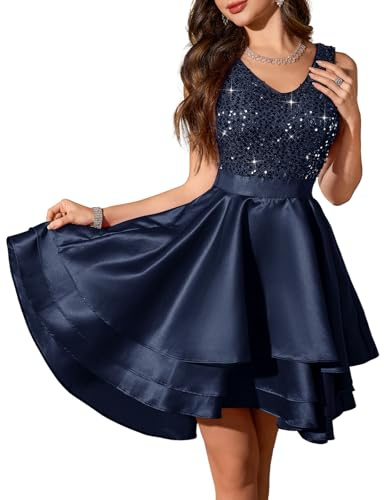 Meetjen Women's Satin Homecoming Dresses for Teen Formal Short Sequin Cocktail Dress High Low V Neck A-line Prom Dress