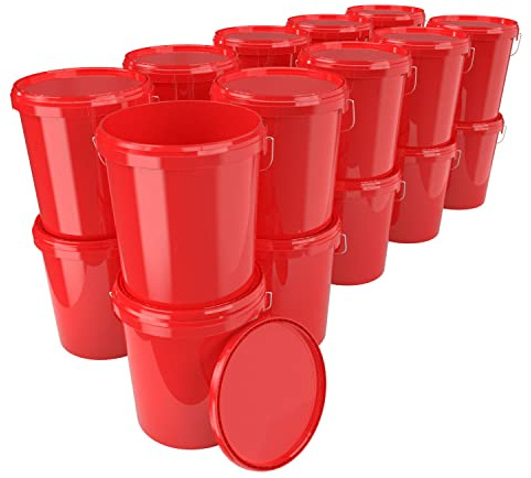 FixedByU Lot de 20 seaux couvercle - 16 l - Rouge - Étanche et stable - Convient à un usage alimentaire - poignée et couvercle - produits chimiques - Couleur : poudre à laver - Adhésifs
