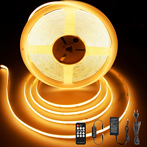 BERIXDEEP COB LED Streifen 10m, 384 LEDs/m, 24V LED Strip Warmweiss mit Netzteil und Fernbedienung, CRI 92+, 8mm, für Schlafzimmer, Wohnzimmer, TV, Indirekte Beleuchtung, 2700K