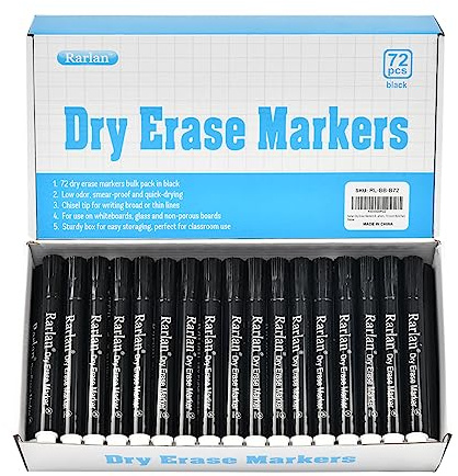 Rarlan Dry Erase Markers Bulk, Chisel Tip, Black, Whiteboard Markers, 72 Count Bulk Pack