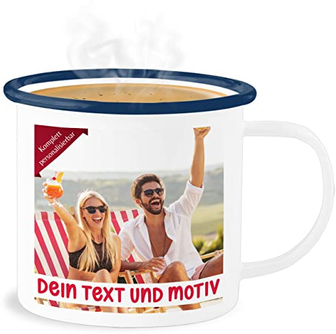 Emaille Becher Blechbecher - eigenem Bild - Eigenes Foto Geschenk I - 300 ml - Weiß Blau - bedrucken fototasse selbst drucken photo tasse foto-becher selber gestalten custom print tassen fotobecher