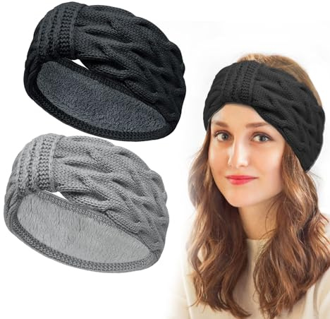 UQTUKO Stirnband Damen Winter, 2Pcs Stirnbänder Damen Winter Gestrickte Verdicken Haarreifen Mädchen Frauen Headwrap Kopfband Elastische fleece Haarband für Sport, Einkaufen, Laufen, Schwarz+Grau