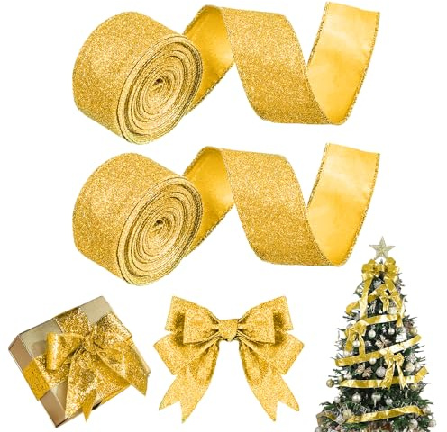 Ruban de Noël Gold, 2 Pièces Décoration, 20 Yards Rouleaux, pour Sapin, Bricolage, Vacances, Emballage Cadeau, Nœuds Floraux