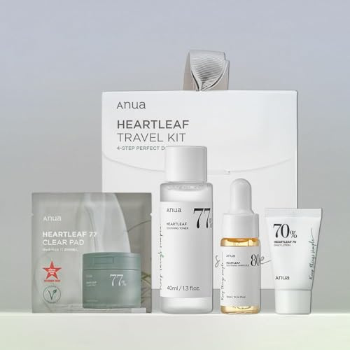 Anua Koreanisches Heartleaf Glättungsset | Reisegröße | Geschenkset mit 77% Transparent-Pads und Glättungs-Tonikum sowie feuchtigkeitsspendender Ampulle