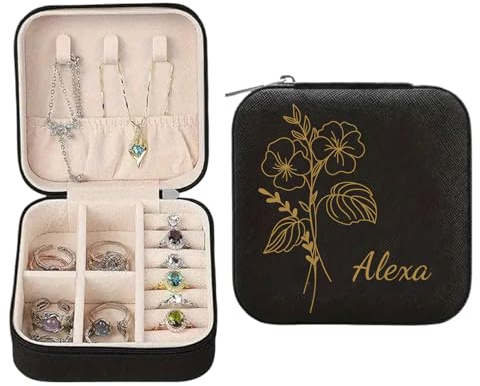 Personalisierte Schmuckkasten Mädchen, Reise Schmuckkästchen Personalisiert, Maßgeschneiderte Schmuckbox mit Ihren Initialen Namen und Geburtsblumen, Geschenk für Frauen und Mädchen