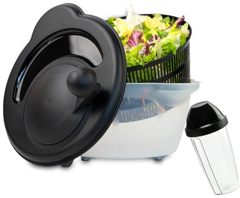 Thiru Salatschleuder Premium 4,5L mit Dressing Shaker - Innovative 3D Kurbel - rutschfeste 2in1 Schleuder & Salatschüssel - Ausgezeichnet mit Note sehr gut - BPA FREI - inkl. eBook
