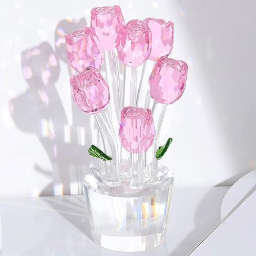 Ornalrist Pink K9 Crystal Rose Flower Bouquet Collectible Gifts for Women Wife for Valentine's Day, Glass Floral Figurine Ornament Gifts for Friends on Birthday Christmas