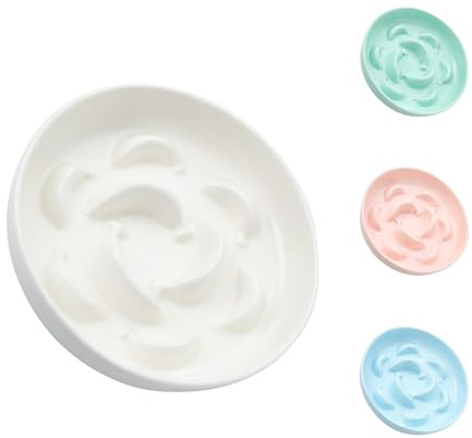 Ceramic Cat Slow Feeder Bowl - 6.3'' Wide Opening Whisker Friendly Cat Plate for Dry and Wet Food - Cute Maze Feeder Dish Helps Reduce Vomiting - Microwave and Dishwasher Safe - White