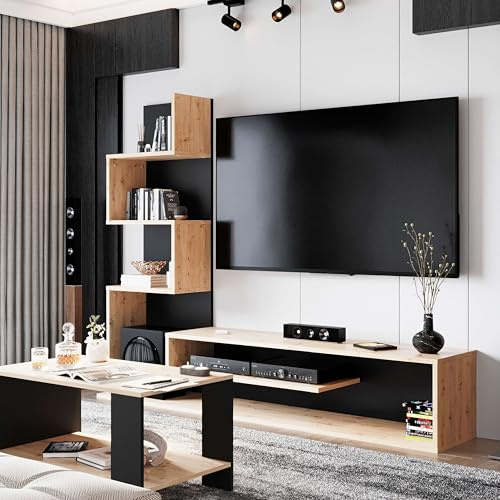 Miroytengo Módulo de TV para Salón Comedor Snake Estilo Industrial en Color Roble Artesano y Negro con 4 Estantes 160x130x29 cm