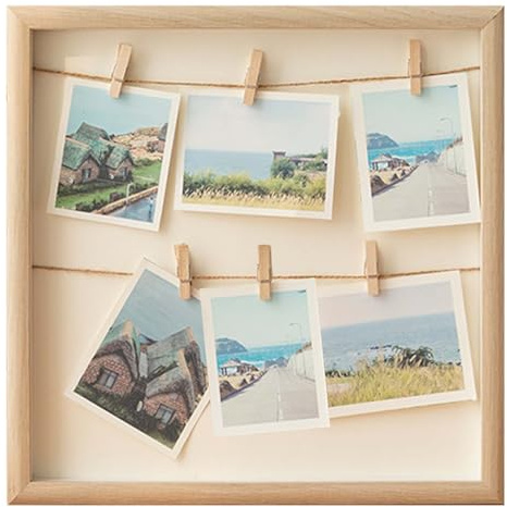 Cadre photo en bois pour collage photo 30 x 30 cm avec corde et agrafes pour fixation de photos, cadres photo ou cartes postales