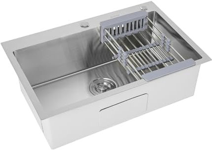 Évier de cuisine, argenté, 68 x 45 x 21 cm, en acier inoxydable, extra large, avec panier d'égouttement extensible, siphon en forme de V et égouttoir, installation encastrée