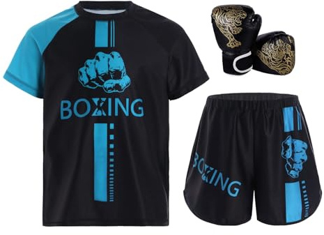 RUNQHUI Boxning outfit för barn pojke T-shirt + shorts + Muay Thai MMA kickboxing handskar, Ljusblå och svart, 13-14 år