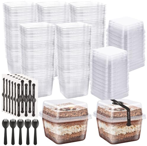 SHUESS 300ml/8oz Clear Square Plastic Dessert Cups With Lids and Spoons - Reusable Pots for Pudding, Mousse, Ice Cream and Cheesecake (100 Pieces)
