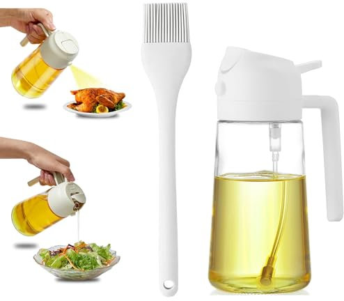 Pulverizador Aceite Spray, 470ml Spray Aceite Cocina, Blanco Dispensador aceite spray 2 en 1, Reutilizable VBotella de aceite de Vidrio, para Cocina, Cocinar