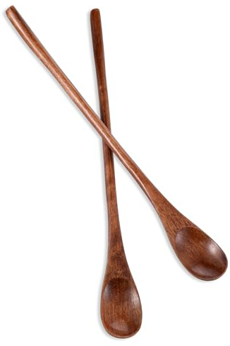 Piriuuo 2 Pcs Long Wooden Teaspoon, 9.25 Inch Wooden Teaspoons for Honey Long Bamboo Honey Spoons for Jam Dessert Stirring Mixing (Brown)