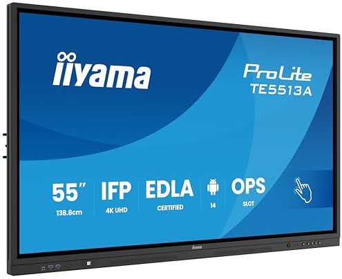 iiyama Prolite TE5513A-B1AG 138.8 cm 54.6 Inch IPS LED Large Format Display 4K UHD 40 Touch Points PureTouch-IR HDMI DP USB-C USB 3.2 RS-232c RJ45 HDMI-Out 7H OPS WiFi Android 14 OS iiControl NFC