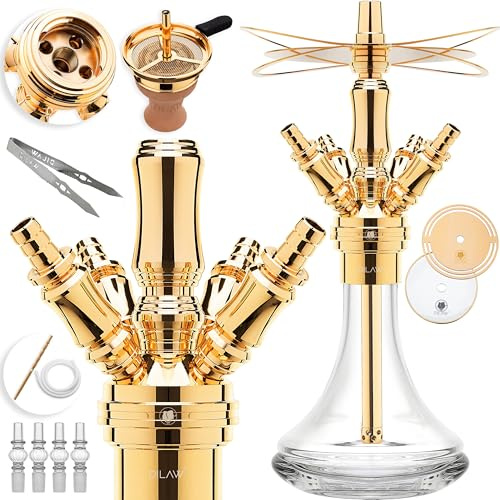 DILAW® Shisha Komplettset Smart to go 38cm Edelstahl Wasserpfeife Mini Hookah mit 4 Anschlüssen & 4x Glas-Adapter inkl. Bowl, Kaminkopf-Set mit Steinkopf & Aufsatz, Carbon-Schlauch, Mundstück, Zange