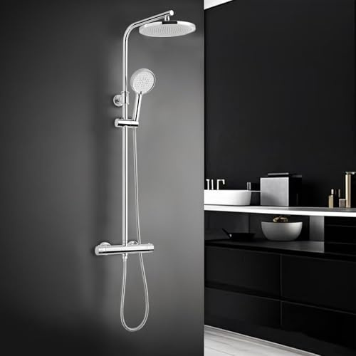 Ronvie Thermostatic Shower Mixer Set, 25cm Round Overhead Rainfall Shower, 3 Modes Shower Head with Adjustable Height Shower Rod, Anti-Leak Hose, Anti-Scald Thermostatic Shower System Chrome