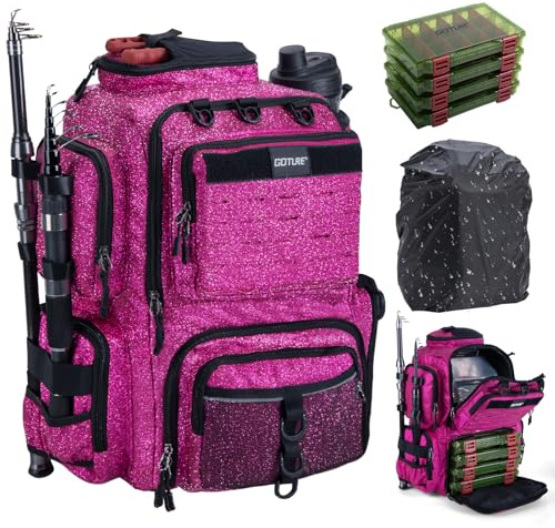 Goture Angelrucksack mit 4 Angelboxen, 900D wasserabweisender Angelrucksack mit Rutenhaltern, 45 l große Angeltasche, Aufbewahrungstasche, Ausrüstungstasche mit Regenschutz, Ködertaschen für Reisen