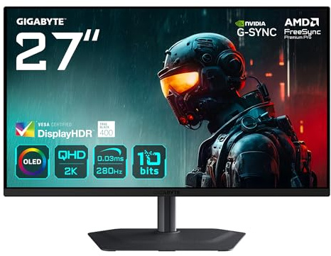 GIGABYTE MO27Q2A 27” OLED 2K QHD Gaming Monitor - 2560 x 1440, 280Hz, 0.03ms, 250 cd/m², FreeSync Premium Pro, DisplayHDR True Black 400, HDMI 2.1, DisplayPort 1.4