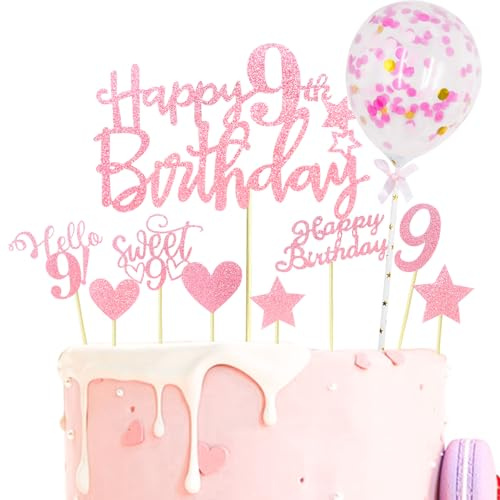 Catelves Tårtdekoration 9 födelsedag flicka pojke, 10 st rosa grattis 9:e födelsedagstårta topper, glitter tårtdekoration födelsedag 9 år flicka, söt 9 cupcake-dekoration 9 födelsedagsdekoration med