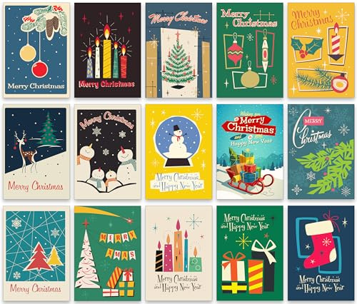 Retro Christmas Cards with Envelopes – Set of 30 Greeting Cards, 15 Vintage Designs (2 of Each) – A6 Folded Cards with White Envelopes