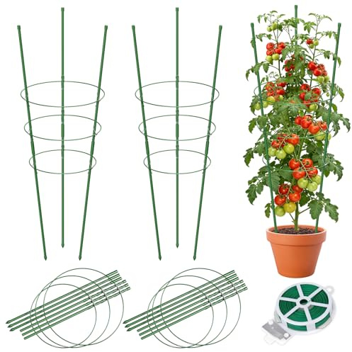 MYMULIKE 4 Pack Tomaten Rankhilfe, 90CM Tomato Rack Round Green, Einstellbar Rankstütze Für Kletterpflanzen Rund, Geeignet für Tomaten, Gurken, Zimmerpflanzen, Gartenpflanzen with tie 20M/1 roll