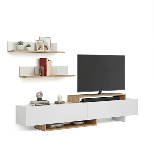 duehome | Mueble de Salón, Composición Modular de TV, Modelo: Bender 200, Acabado en Blanco y Alpino, Medidas: 200 cm (Largo) x 33 cm (Fondo) x 46 cm (Alto)
