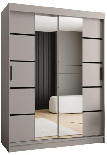 Kryspol - Schwebetürenschrank - Kleiderschrank mit Spiegel - Kleiderschrank 150 cm Breit x 200cm(H) x 62cm(T), 2 Türen, Laminierte Möbelplatte, Schiebetürenschrank Rubino V4 150, Farbe Kaschmir