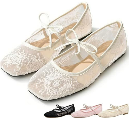 Mesh Ballet Flats for Women Ballerina Flats Strap Embroidered Shoes Wide Width Casual Summer Dress Mary Jane Flat Shoes