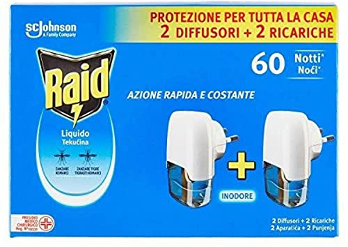 Raid Liquido Elettrico Antizanzare Tigre e Comuni Pacco Promo, Contiene 2 Diffusori e 2 Ricariche, 60 Notti, Inodore
