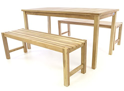 Divero 3 teilige Sitzgruppe AMRUM - 1 Tisch + 2 Bänke aus Teakholz | Holz unbehandelt, mehrfach geschliffen und witterungsbeständig