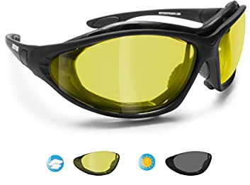 Bertoni Lunettes de Moto Photochromiques Polarisées - Branches Déclipsables pour une Bande élastique - mod. 333 Lunettes Coupe-Vent pour Casques Moto (Verres Photochromiques Polarisés Jaunes)