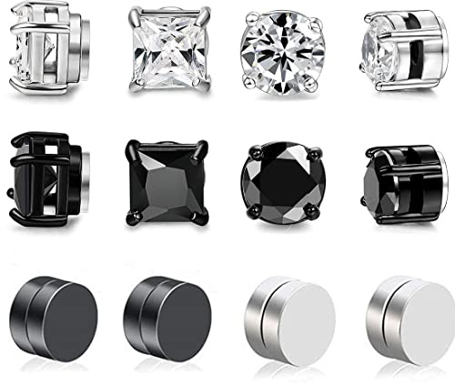 LIUJZZJ 6 Pares Pendientes Iman Hombres Mujer Magnéticos Sin Agujero Perforacion Diamante Circonita Falso Clip Non Piercing
