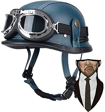 DIRERTYS Deutsche Leder Motorrad Halbhelme Retro Halbschalenhelm JetHelm mit Visier Schnellverschluss Schnalle für Cruiser Chopper Biker Moped DOT/ECE-Zulassung