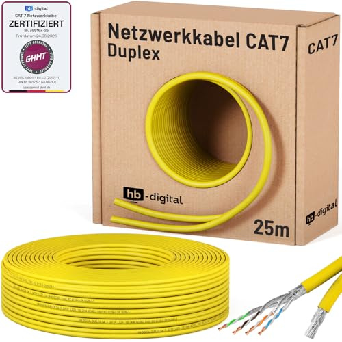 HB-DIGITAL 25m CAT 7 Netzwerkkabel reines Kupfer Duplex - Gelb | LAN Kabel GHMT Zertifiziert Verlegekabel Ethernet Installationskabel, 10 Gbit/s, reines Kupfer AWG23 S/FTP